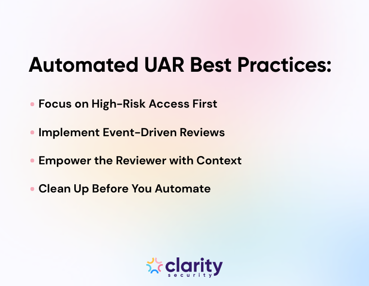 A graphic showing 4 best practices of automated UARs: Focus on high-risk access first, implement event-driven reviews, empower the reviewer with context, clean up before you automate