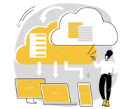yellow graphic with woman next to computers channeling clouds
