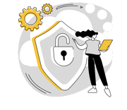 gray and yellow graphic with woman standing next to a lock and holding a tablet